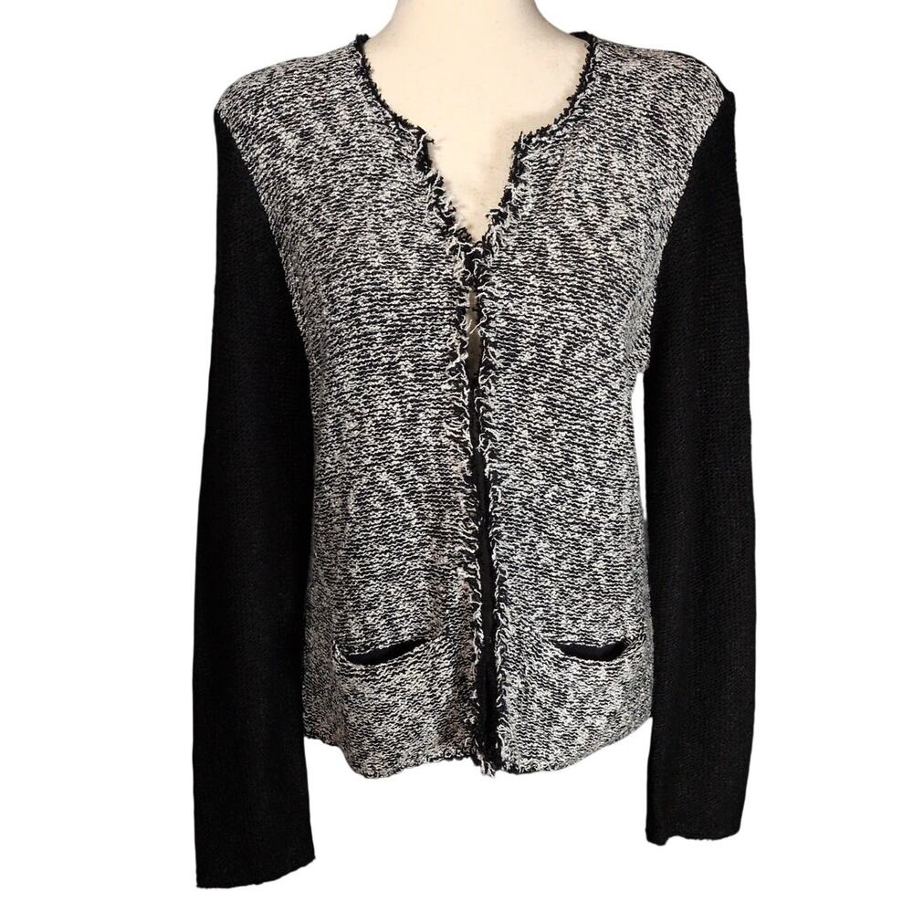 Donna Karan NY Black and White Knit Cardigan Boucle Tweed Sweater Medium